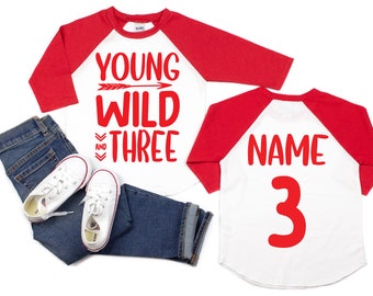 Young wild and three, third birthday shirt, 3rd birthday, birthday boy shirt, 3rd birthday party, wild shirt, birthday girl shirt, kids tee