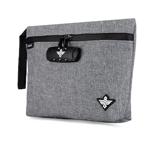 May include: A gray fabric storage bag with a black zipper and a combination lock. The bag has a black handle and a white logo on the front.
