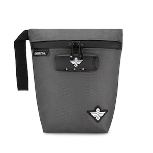 May include: A gray, rectangular bag with a black zipper and a combination lock. The bag has a black handle and a white logo on the front. The text "EROZUL" is printed on the bag.