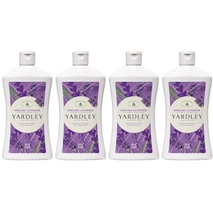 May include: Four white plastic bottles of Yardley London English Lavender hand soap. Each bottle has a purple label with lavender sprigs and the brand name. The bottles are approximately 6 inches tall and have a flip-top cap.