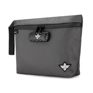May include: A gray lockable storage bag with a zipper closure and a combination lock. The bag has a logo on the front and a handle on the side.