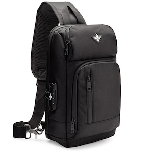 May include: Black crossbody bag with a zipped pocket on the front and a combination lock on the side. The bag has a padded shoulder strap and a small logo on the front.