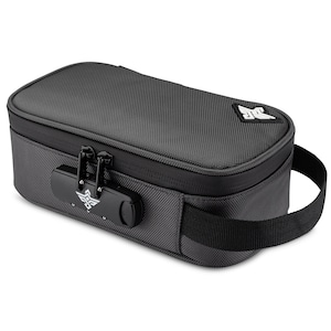 May include: A gray rectangular storage bag with a black zipper and a combination lock. The bag has a black handle and a white logo on the top right corner. The bag is made of a textured material.