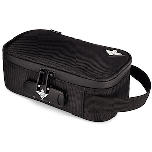 May include: Black rectangular storage bag with a combination lock. The bag has a textured surface, a zipper closure, and a small handle. A white logo is visible on the front and top of the bag.