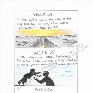 May include: A black and white illustration of a road with a yellow line down the centre. The text "WEEK 34" is at the top of the image. The text "The LORD Knows the way of the righteous, but the way of the wicked will perish." is below the road. The text "Psalm 1:6 ESV" is below the quote.