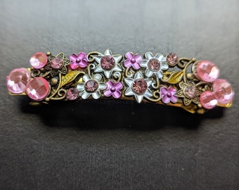 Pink Boutique of Flowers Barrette, Pink Rhinestone Barrette, Vintage Floral Barrette, Elegant Floral Hairpiece, Trendy Floral Hair Barrettes