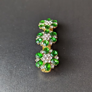 Stunning Antique Style Emerald Green and Gold Flower Rhinestone Barrette. Holiday Hair Accessories.