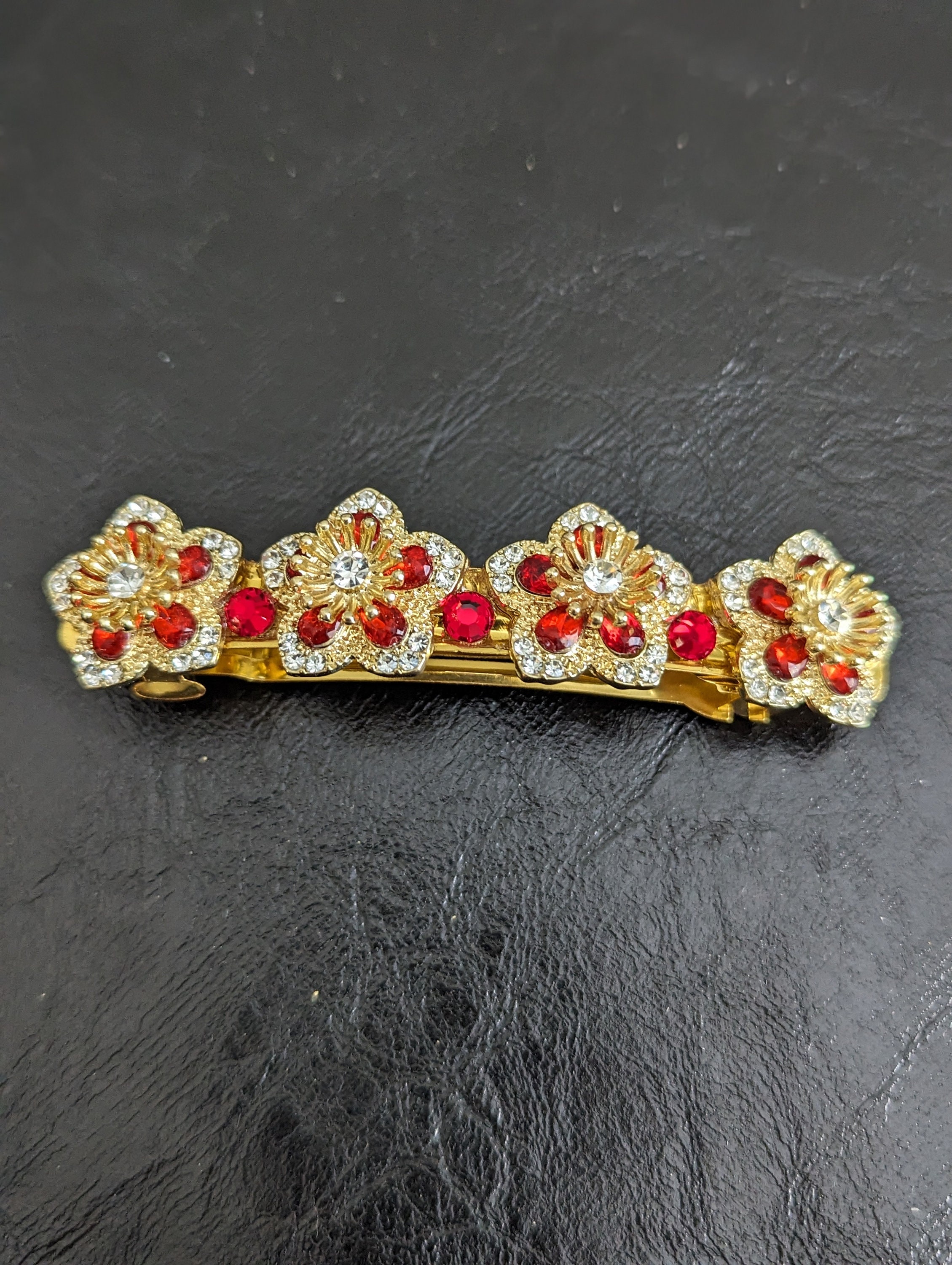 Bejeweled French Barrette - Red & Gold Fire Tone Vintage 1950s Red Gold Jewelled Hair Barrette - vintage hair  main image 2