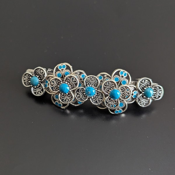 Silver and Teal Barrette, Blue Barrette for women, Metal Hair Clips, Vintage Hair Barrette, Antique Hair Clips, Women Barrettes