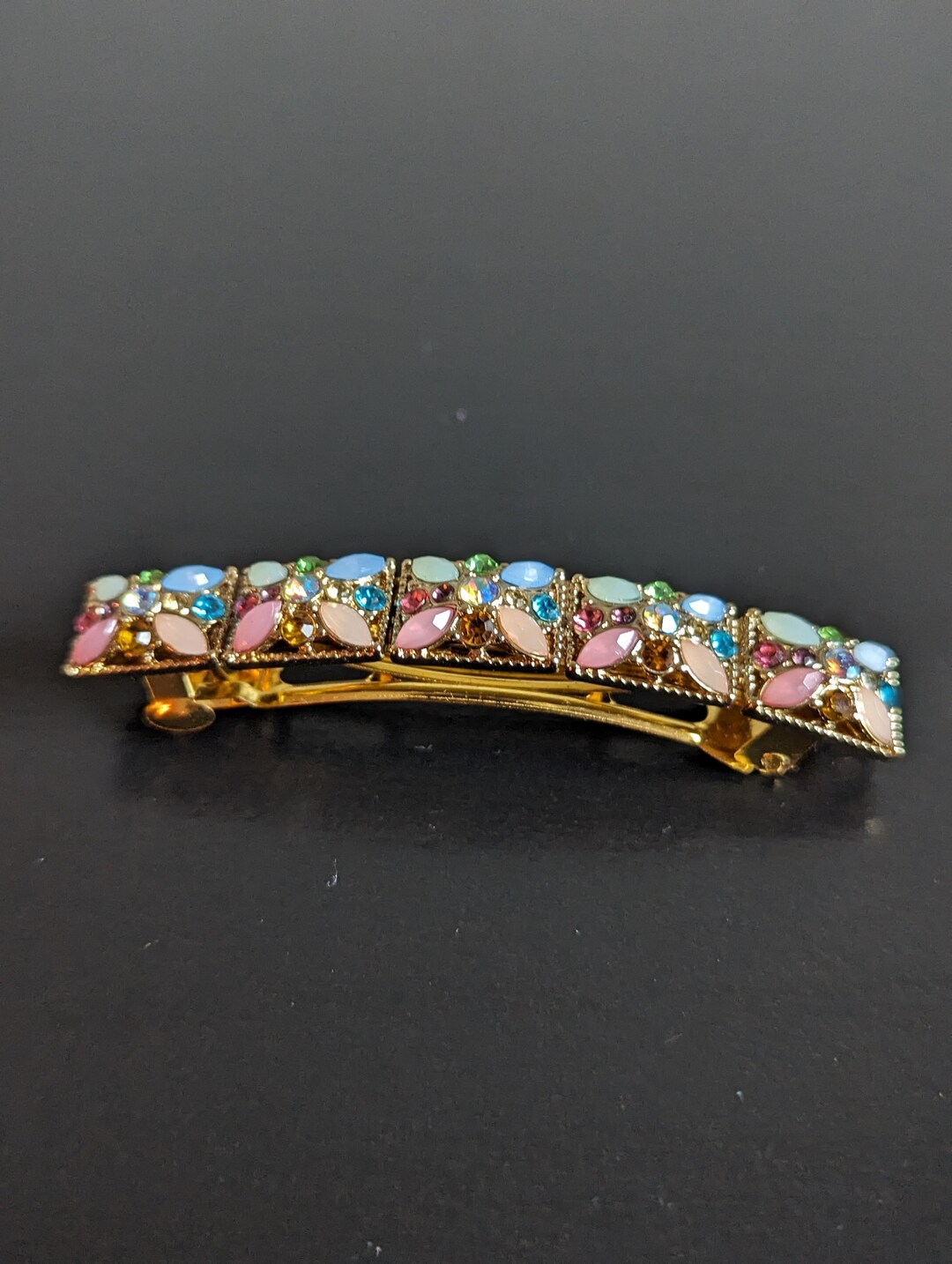 Multicolor Rhinestone Barrette, Pastel Colored Rhinestones,goldstone