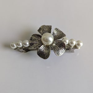 Handmade Silver & Pearl Flower Barrette for Any Occasion. Vintage Style Hair Accessories