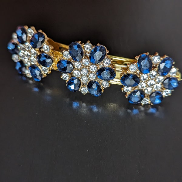 Stunning Navy Blue and Gold Rhinestone Barrette, Formal Navy Blue Hair Clip,