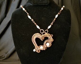 Copper Gift for Her Intricate Wire Woven Heart Necklace with Handmade Chain Bohemian