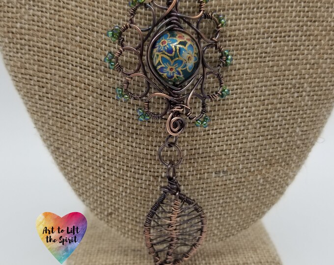 Featured listing image: Intricate Wire Woven Leaf Pendant Necklace, Cloisonné-style Bead, Copper, Handmade