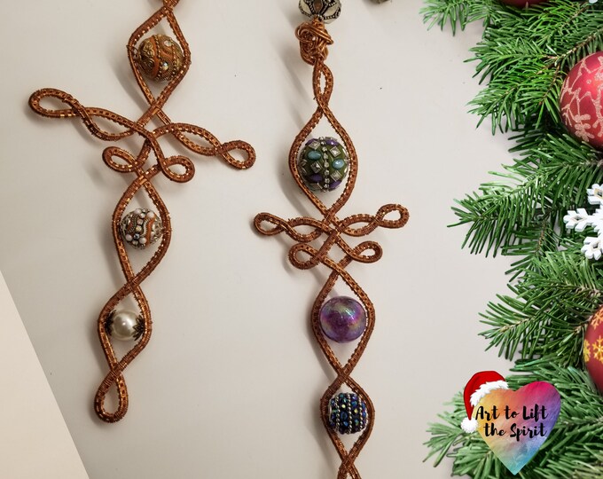 Featured listing image: Celtic Style Cross Christmas Ornament, Wire Weave Copper, Ornamental Beads, Variations, Handmade, Large Holiday Ornament, Gift, Teacher Gift