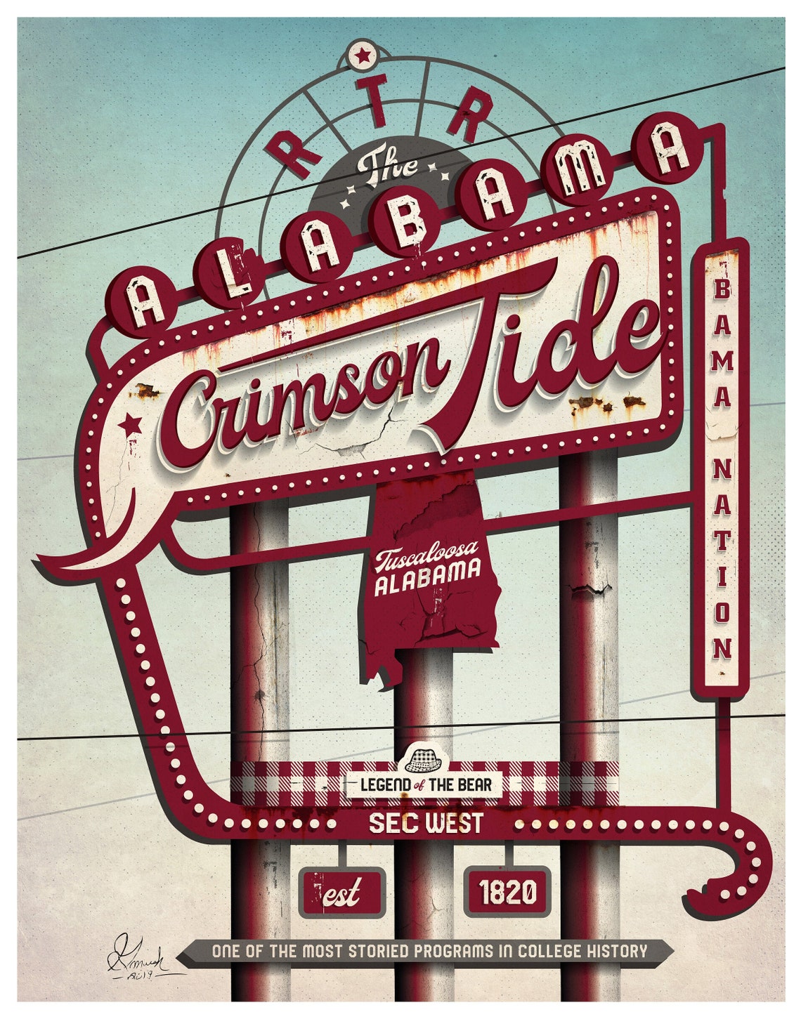 Alabama Crimson Tide Vintage Print Design SEC Etsy