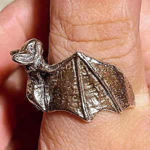 May include: A silver-colored ring in the shape of a bat. The bat has detailed wings and a textured body. The ring is worn on a finger, showcasing the intricate design of the jewelry.