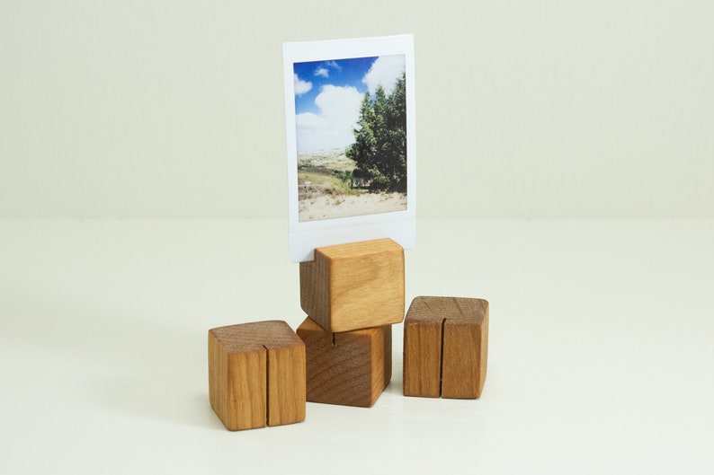 Wood Cube Photo Display Set of 4, Photograph Holder, rustic wedding decor, instant photo Frame, Baby shower favor, photographer gift 