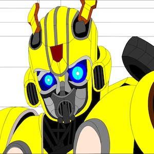 May include: A yellow and black robot with blue eyes and a red stripe on its head. The robot has a large, round head and a smaller, round body. It is standing on a white background.