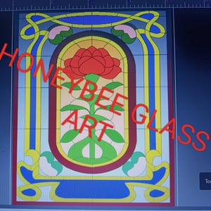 May include: A stained glass design featuring a red rose in an oval frame, surrounded by green leaves and stems. The artwork is framed with blue, yellow, and pink accents, with the text "HONEYBEE ART GLASS" overlaid in red.