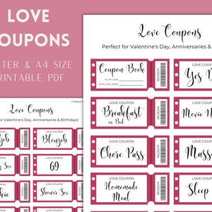 Love Coupons Valentines Day For Him For Her Anniversaries Birthdays Voucher Book