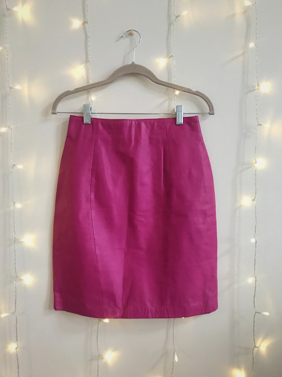 80s hot pink leather high waisted mini skirt