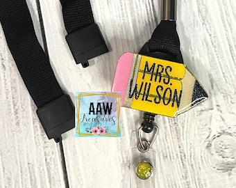 Pencil teacher lanyard badge reel; Custom Teacher glitter ID holder; art badge; school glitter retractable badge; school; education