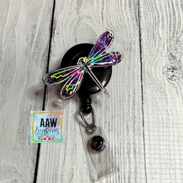 Dragonfly badge reel; insect glitter ID holder; dragon fly; retractable swivel badge; Glitter badge reel; belt clip; nurse badge; CNA; RN id