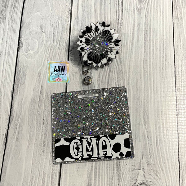 Cow print and sunflower badge buddy; cow glitter ID holder; glitter retractable swivel badge; Glitter badge reel; animal print; flower; RN