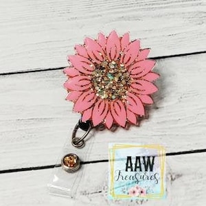Pink & Gold Glitter Sunflower badge reel; flower glitter ID holder; daisy flower glitter retractable swivel badge; Glitter badge reel