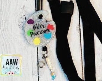 Art teacher lanyard badge reel; Custom Teacher glitter ID holder; art palette badge; school glitter retractable badge; artist palette