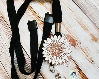Sunflower teacher lanyard badge reel; Custom Teacher glitter ID holder; Custom badge; Flower glitter retractable badge; Keychain badge; keys