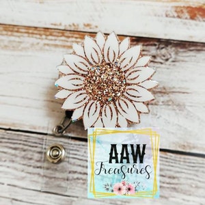 Rose Gold Sunflower badge reel; flower glitter ID holder; Custom badge; daisy flower glitter retractable swivel badge; Glitter badge reel
