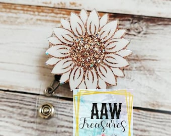 Rose Gold Sunflower badge reel; flower glitter ID holder; Custom badge; daisy flower glitter retractable swivel badge; Glitter badge reel