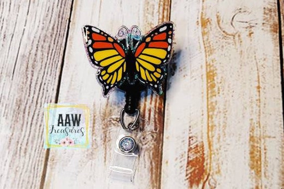 Butterfly Badge Reel Monarch Glitter ID Holder Hospital Badge