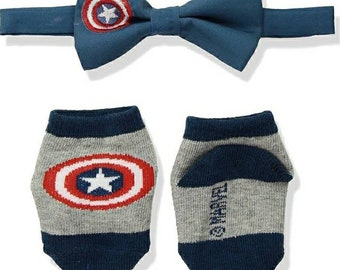 Set di papillon e stivali ispirato a Captain America, papillon per bambini, regalo neonato, oggetto di scena fotografico neonato, vestito fotografico neonato, set di supereroi per bambini