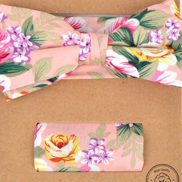 Pink Floral Bow Tie, Bowtie and Pocket Square, Bowties for Boys, Bowties for Men, Boys Bowtie, Men's Bowtie, Pink Bowtie