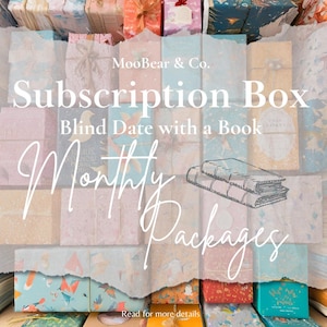 May include: A close-up image of a stack of wrapped gift boxes with a text overlay that reads "MooBear & Co. Subscription Box Blind Date with a Book Monthly Packages". The boxes are wrapped in various colorful papers with patterns of birds, flowers, and geometric shapes.