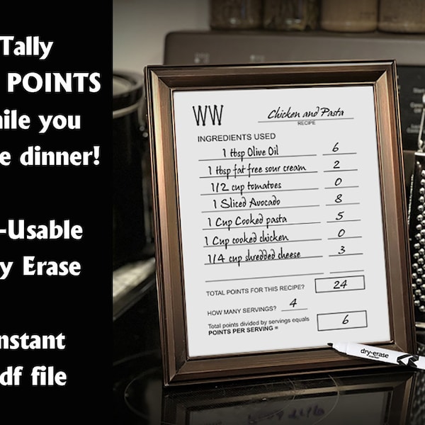 WW Points Tally sheet for your recipe | Weight Watcher | Weight Loss | Meal Planning | Dry Erase