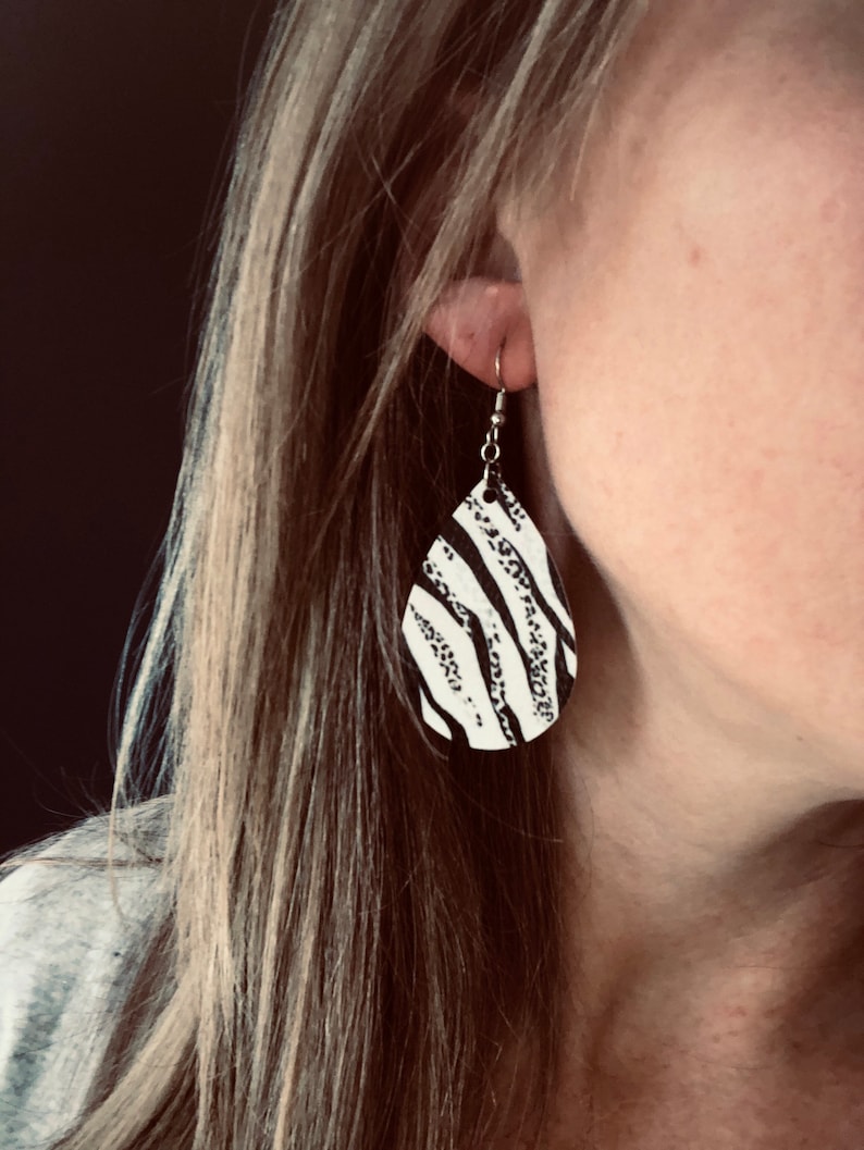 Black and White Double-Sided Faux Leather Dangle Earrings