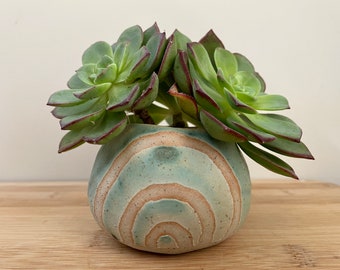 Small Rustic Green Striped Handmade Ceramic Planter, Pot, Ceramic Vase