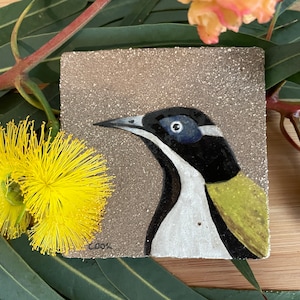 Handmade and Painted Australian blue-faced honeyeater Ceramic Tile Art