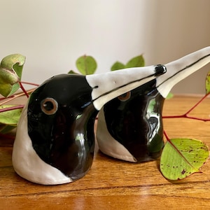 May include: Two ceramic bird head figurines in black and white, with brown eyes. The beaks are white with black tips. They sit on a wooden surface, with green leaves and red stems.
