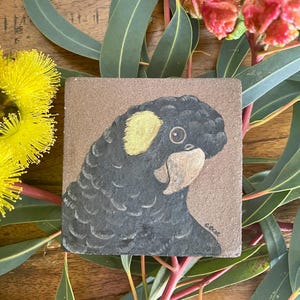 May include: A square, hand-painted tile depicting a black cockatoo with a yellow ear patch and a tan beak. The bird is set against a brown background. The tile is surrounded by yellow flowers, red flowers, and green leaves.