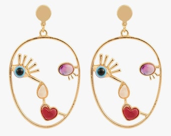 Abstract Face Art Earrings, Colorful Heart Accents, Gold Wire Portrait Drop Earrings for Women, Modern Boho Statement Jewelry Gift