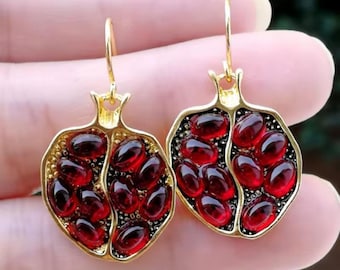 Gold Pomegranate Dangle Earrings, Boho Chic Jewelry