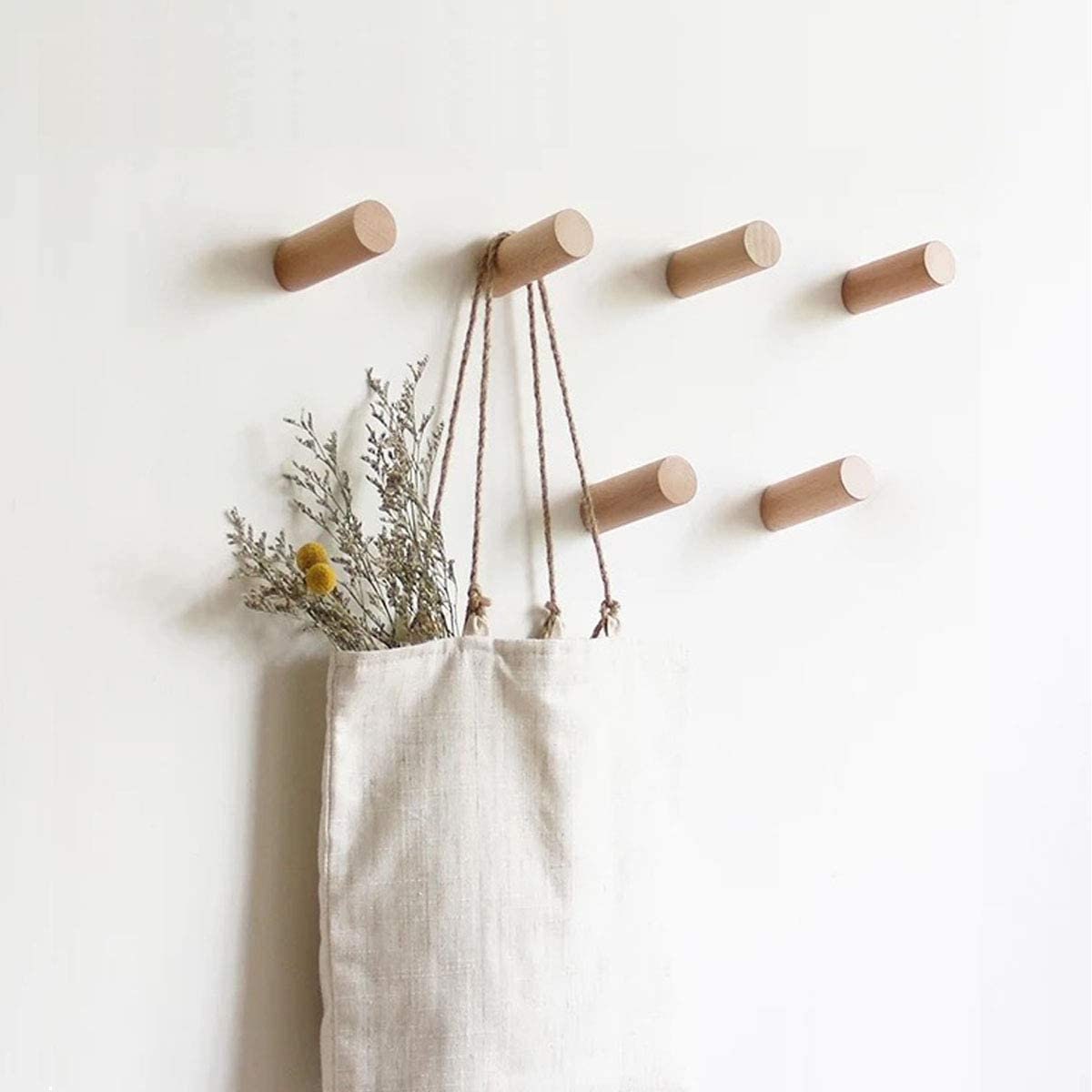 Natural Wooden Wall Hooks - Pack of 6 - Wall Mounted Modern Hook - Handmade  Decorative Wood Coat Pegs - Minimalist Hooks for Hanging Hat, Coats