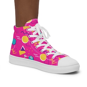 Pink Memphis Print Style Women’s High Top Canvas Sneakers/Tennis Shoes (Sizes 5-12) | Retro Aesthetic Sneakers, Retro Aesthetic Tennis Shoes