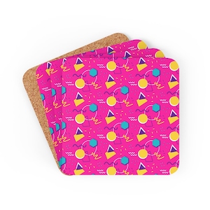 Pink Memphis Print Design 1980s 1990s Style Corkwood 4 Piece Coaster Set | Vintage Retro Theme Home Decor, Home Accessories, Drink Coasters