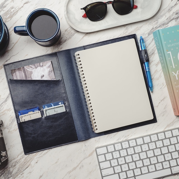 Vegan Leather Portfolio Cover – Letter & Executive Folio Organizer for Rocketbook Everlast, Minimalist with Pen Holder, Midnight Blue